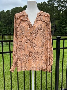 Democracy Peach Animal-Print Ruffle V-Neck Blouse